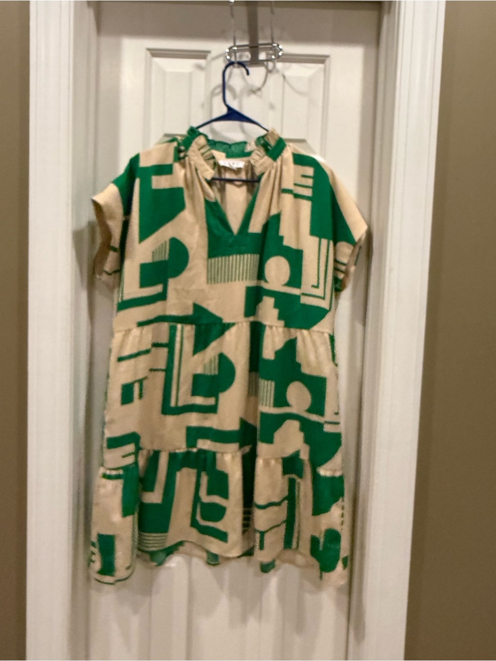 Green and Cream Geometric Short Dress
